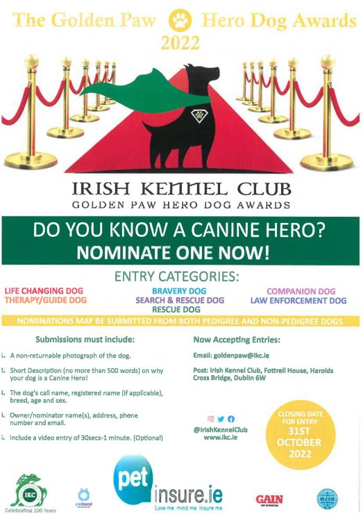 We are now accepting entries for The Golden Paw Hero Dog Awards 2022